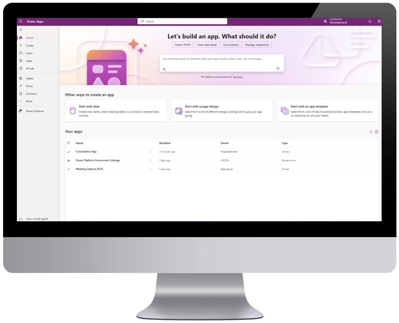 Diagram showing how Power Apps can build, automate, and transform healthcare workflows.