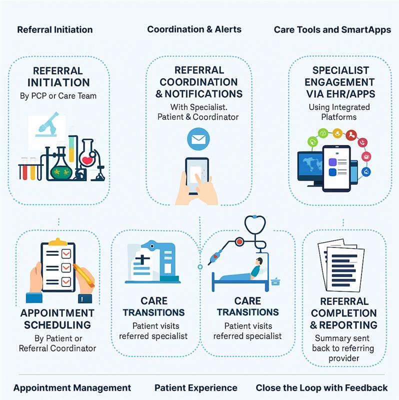 Illustration of SmartReferralHub showing AI-powered referral intelligence and workflow automation.