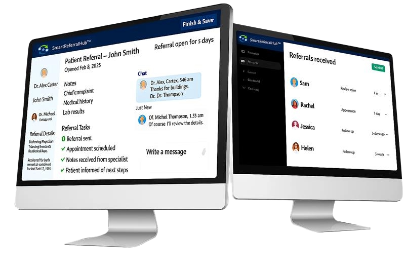 Illustration showcasing zero referral leakage and seamless care coordination powered by SmartReferralHub.